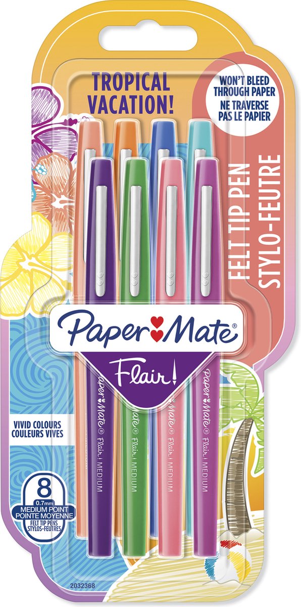 Paper Mate Flair-viltstiften | Medium punt (0,7 mm) | Diverse tropische-vakantiekleuren | 8 stuks